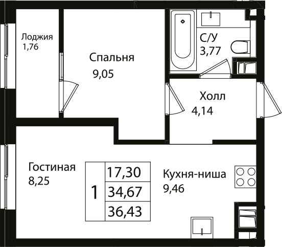 Планировка — Патрики, 2-комн., 35 м²