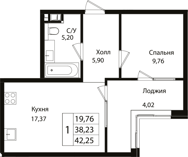 Планировка — Патрики, 2-комн., 38 м²