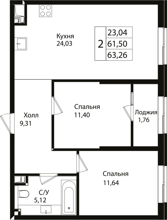 Планировка — Патрики, 3-комн., 62 м²