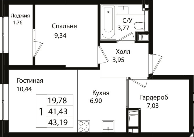 Планировка — Патрики, 2-комн., 41 м²