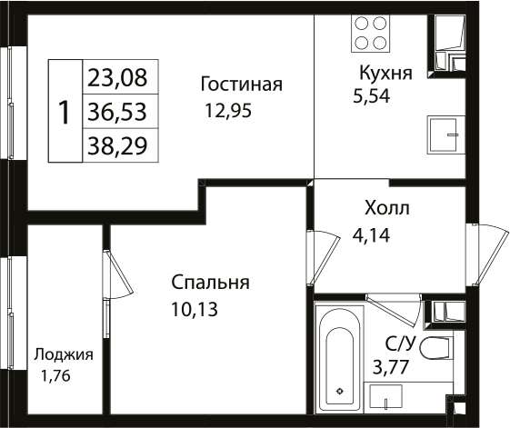 Планировка — Патрики, 2-комн., 37 м²