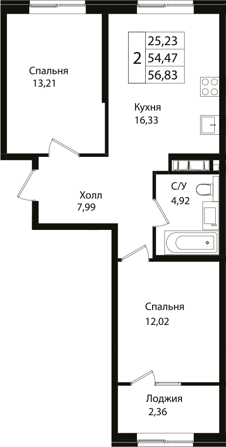 Планировка — Патрики, 3-комн., 54 м²