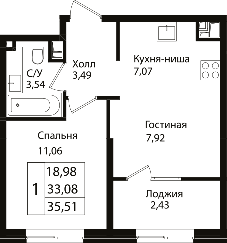 Планировка — Патрики, 2-комн., 33 м²
