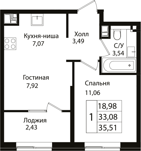 Планировка — Патрики, 2-комн., 33 м²