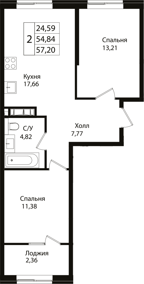 Планировка — Патрики, 3-комн., 55 м²