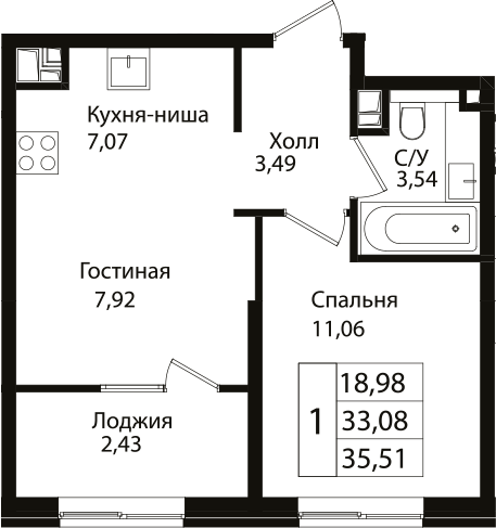 Планировка — Патрики, 2-комн., 33 м²