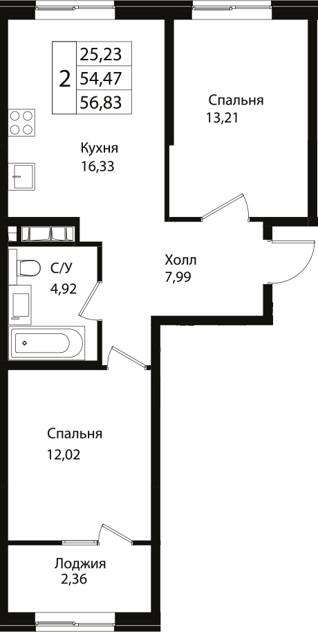 Планировка — Патрики, 3-комн., 54 м²