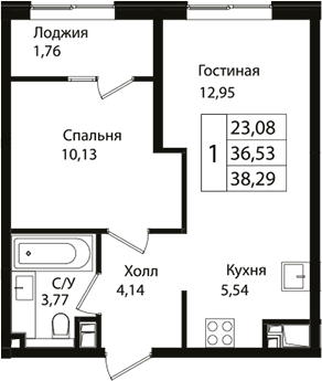 Планировка — Патрики, 2-комн., 37 м²