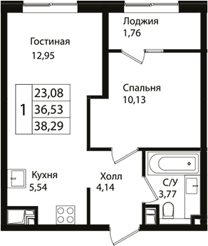 Планировка — Патрики, 2-комн., 37 м²