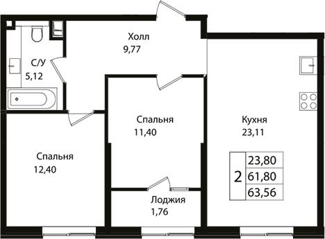 Планировка — Патрики, 3-комн., 62 м²