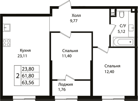 Планировка — Патрики, 3-комн., 62 м²