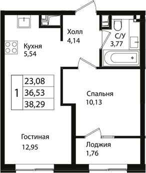 Планировка — Патрики, 2-комн., 37 м²