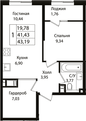 Планировка — Патрики, 2-комн., 41 м²