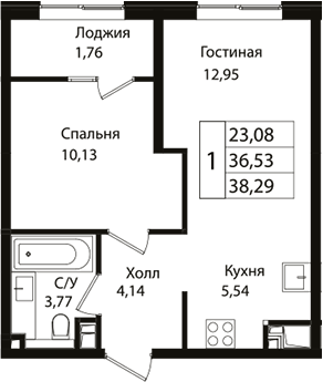 Планировка — Патрики, 2-комн., 37 м²