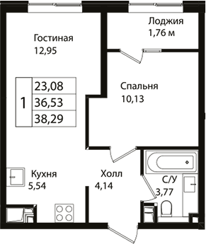 Планировка — Патрики, 2-комн., 37 м²
