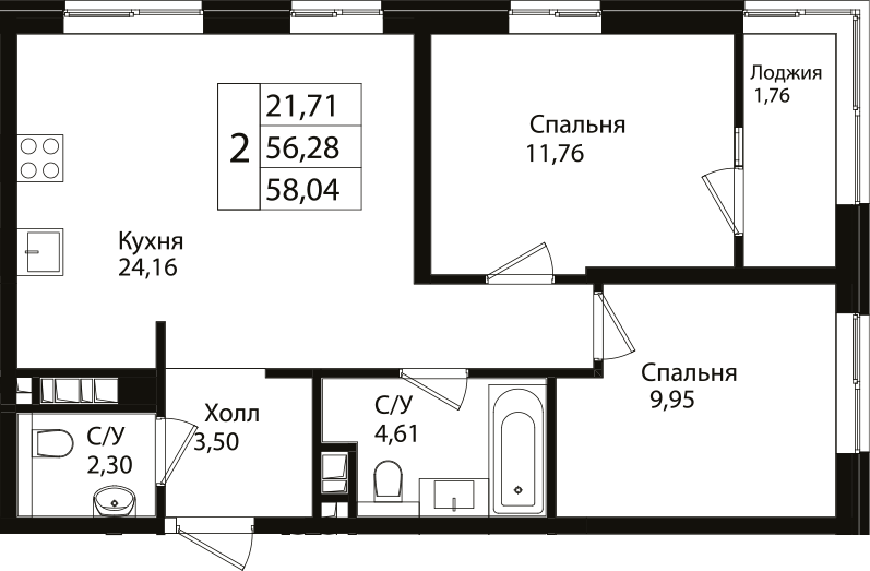 Планировка — Патрики, 3-комн., 56 м²