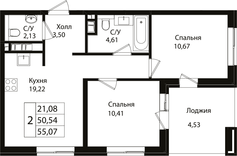 Планировка — Патрики, 3-комн., 51 м²