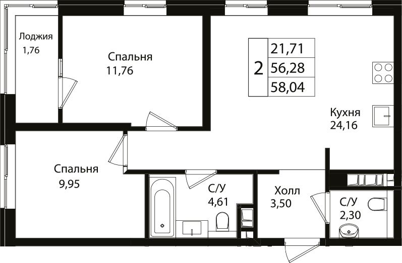 Планировка — Патрики, 3-комн., 56 м²