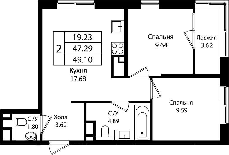 Планировка — Патрики, 3-комн., 47 м²