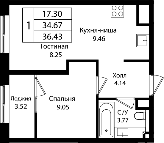 Планировка — Патрики, 2-комн., 35 м²