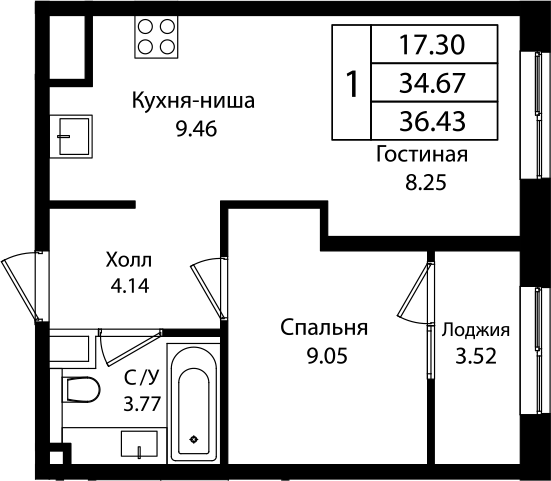 Планировка — Патрики, 2-комн., 35 м²