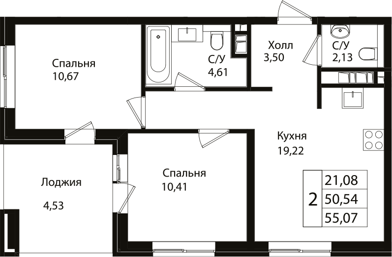 Планировка — Патрики, 3-комн., 51 м²
