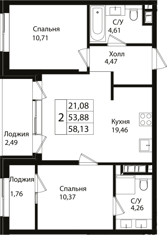 Планировка — Патрики, 3-комн., 54 м²