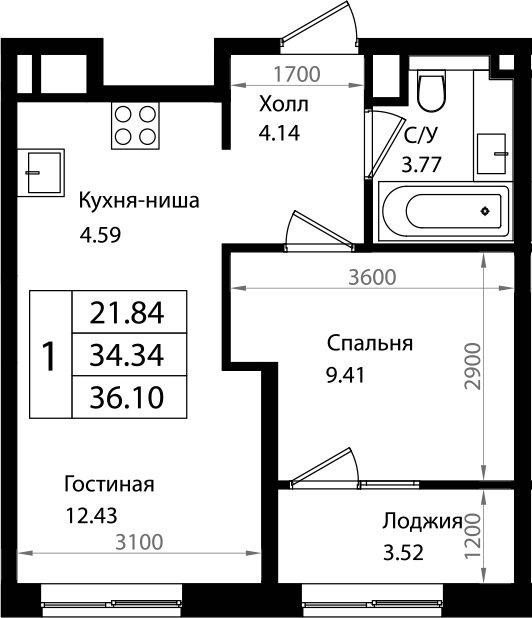 Планировка — Патрики, 2-комн., 34 м²