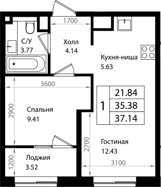 Планировка — Патрики, 2-комн., 35 м²