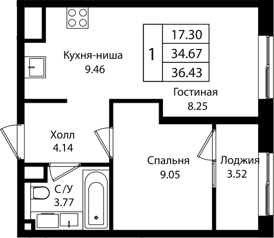 Планировка — Патрики, 2-комн., 35 м²