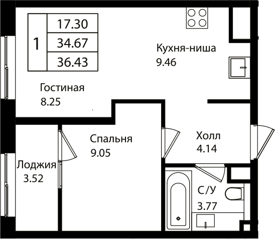 Планировка — Патрики, 2-комн., 35 м²