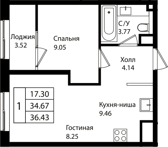 Планировка — Патрики, 2-комн., 35 м²
