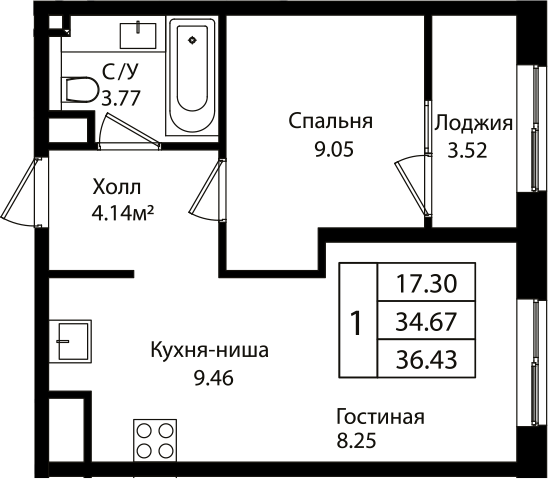 Планировка — Патрики, 2-комн., 35 м²