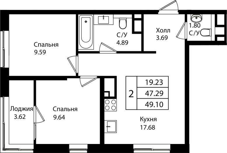 Планировка — Патрики, 3-комн., 47 м²