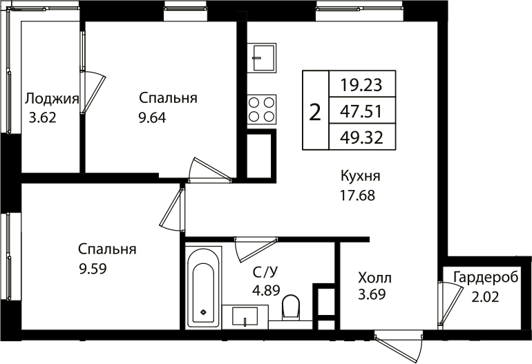 Планировка — Патрики, 3-комн., 48 м²