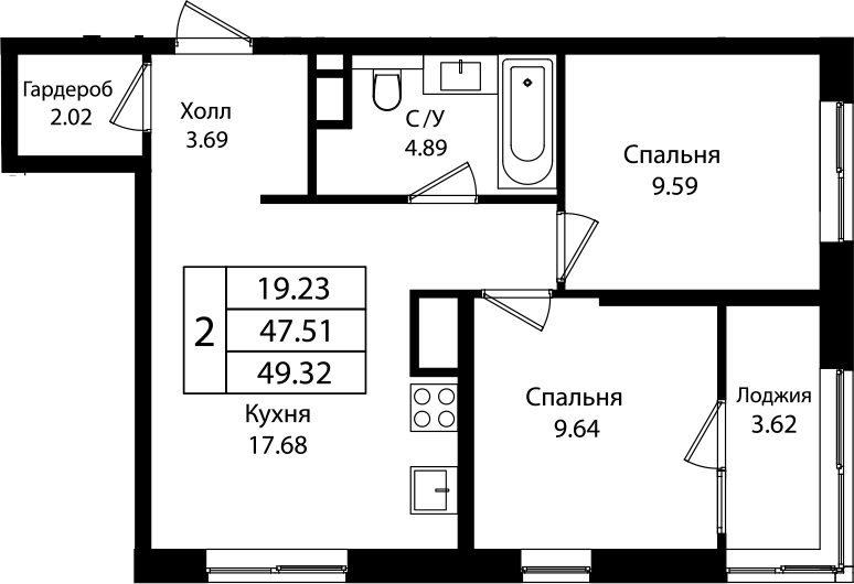 Планировка — Патрики, 3-комн., 48 м²