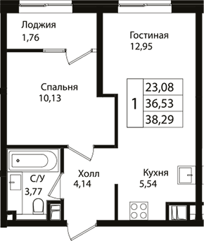 Планировка — Патрики, 2-комн., 37 м²
