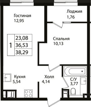 Планировка — Патрики, 2-комн., 37 м²