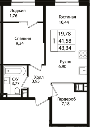 Планировка — Патрики, 2-комн., 42 м²