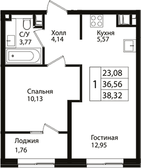 Планировка — Патрики, 2-комн., 37 м²