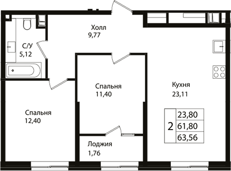 Планировка — Патрики, 3-комн., 62 м²