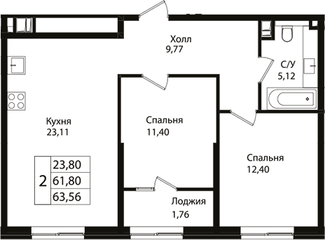 Планировка — Патрики, 3-комн., 62 м²