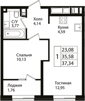 Планировка — Патрики, 2-комн., 36 м²