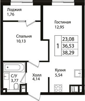 Планировка — Патрики, 2-комн., 37 м²