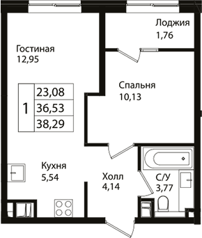 Планировка — Патрики, 2-комн., 37 м²