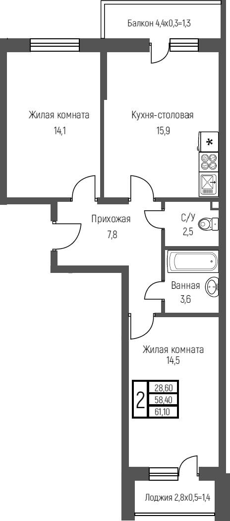 Планировка — Nova Vita, 2-комн., 61 м²