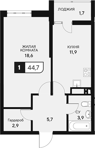 Планировка — 18/3, 1-комн., 43 м²