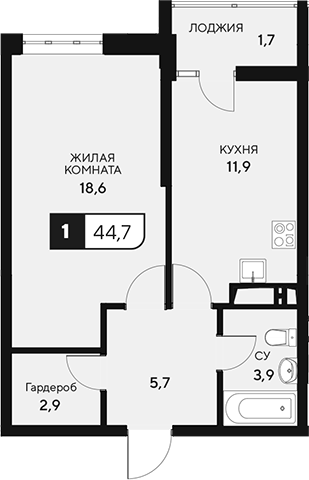 Планировка — 18/3, 1-комн., 43 м²