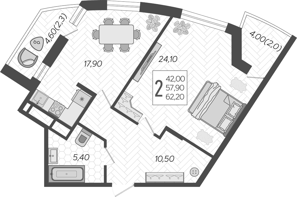Планировка — Зеленодар, 2-комн., 58 м²