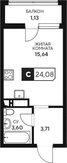 Планировка — Центральный. Гамма, Студия, 23 м²